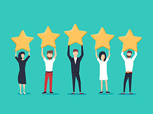 Five Stars Rating Flat Style Vector Concept. People Are Holding