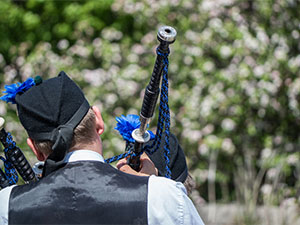 Traditional scottish bagpiper in kilt at highland games