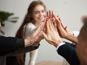 Motivated Successful Business Team Giving High Five, Happy Young